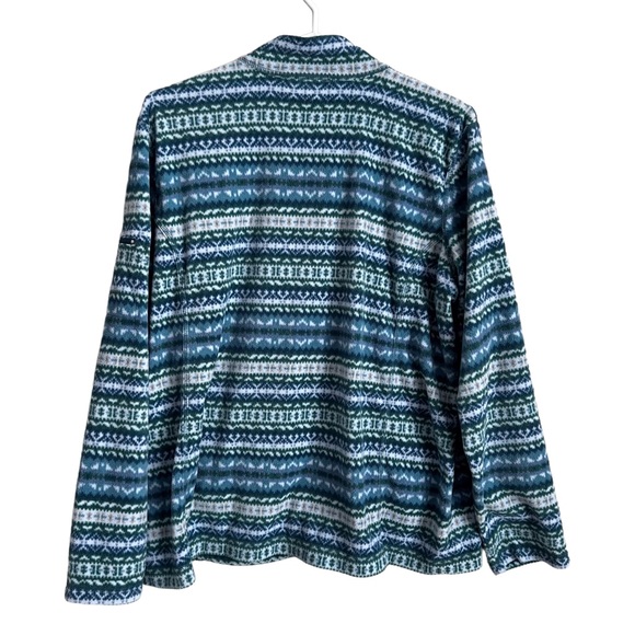 LL Bean Womens Blue Teal Full Zip Fleece Sweatshirt Fair Isle Southwest Print 1X - Picture 2 of 10